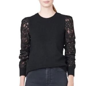 REBECCA TAYLOR Wool Alpaca Blend Sweater with Lace Shoulder Detail Black Size S